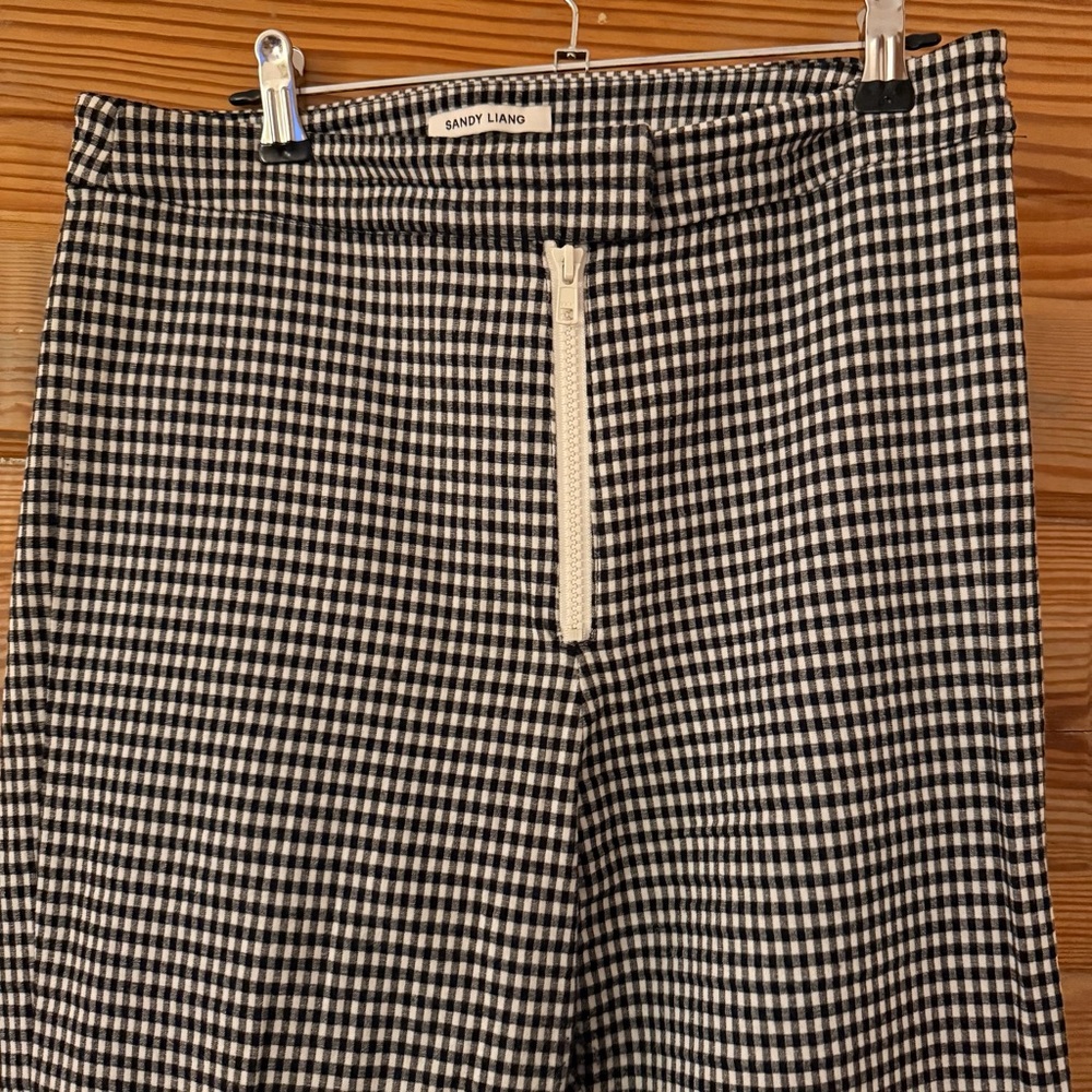 Sandy Liang Front Zip Flare Pants, Black and White Check, Size 10 - Picture 8 of 13